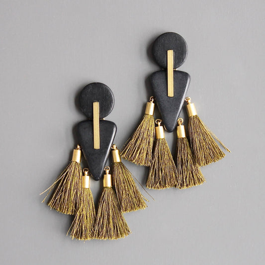 CHRE84 Black wood, brass, & dark mustard tassel earrings