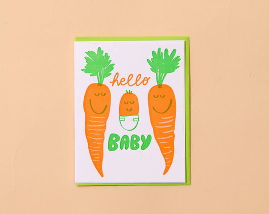 Cute Letterpress New Baby Greeting Card -Hello Baby Carrot