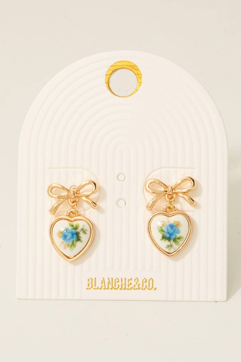 Flower Heart Drop Ribbon Bow Stud Earrings