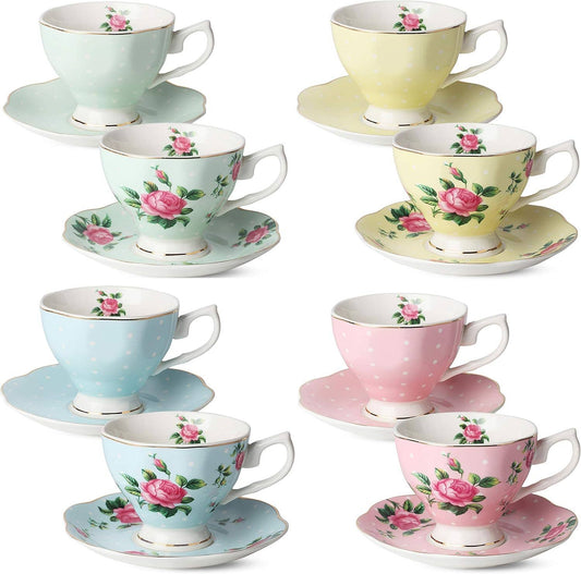 Floral Tea Cups & Saucers with Gold Trim