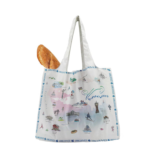 Vancouver Foldable Shopping Bag - Watercolor Canvas City Landmarks Design
