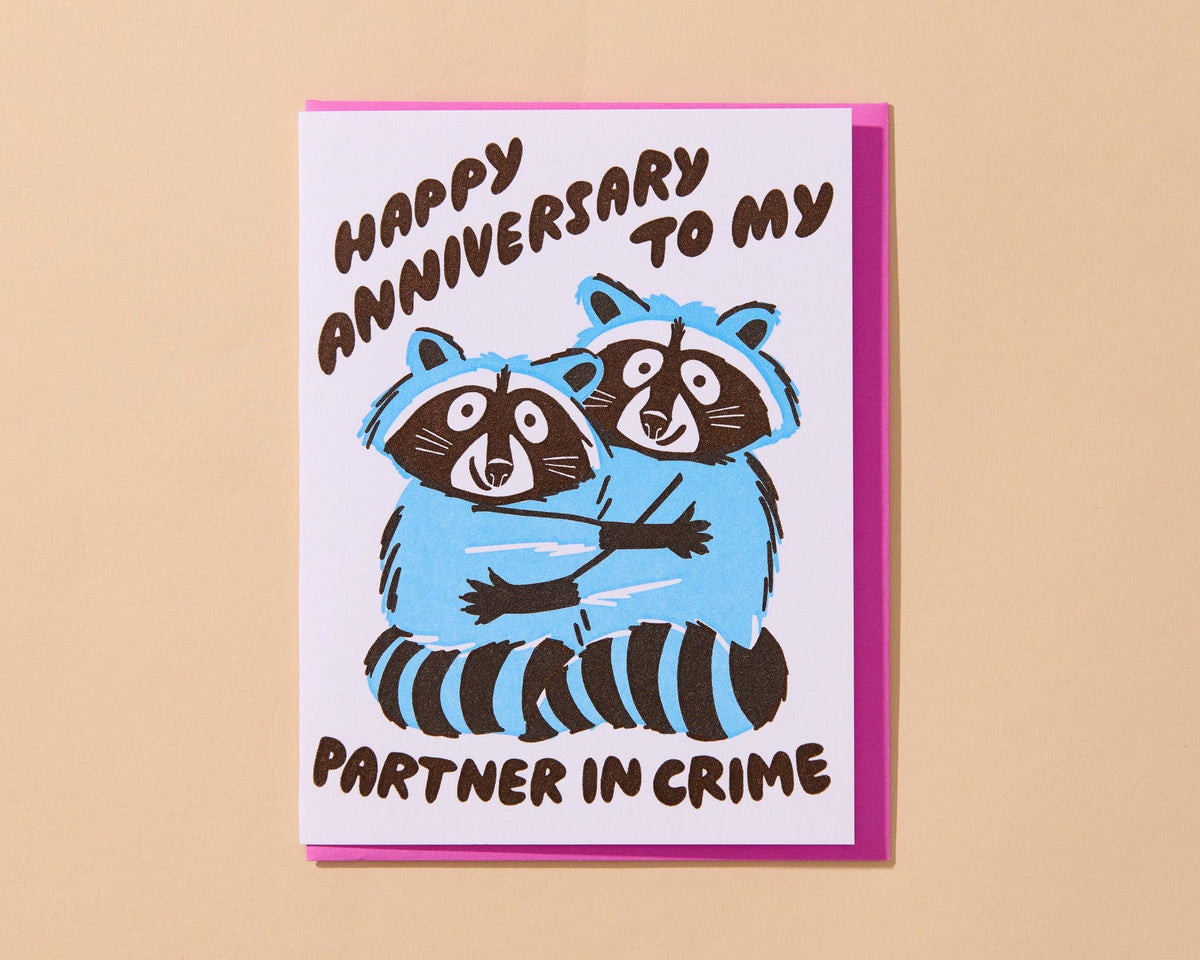 Letterpress Anniversary Card - Partners in Crime (Racoons)
