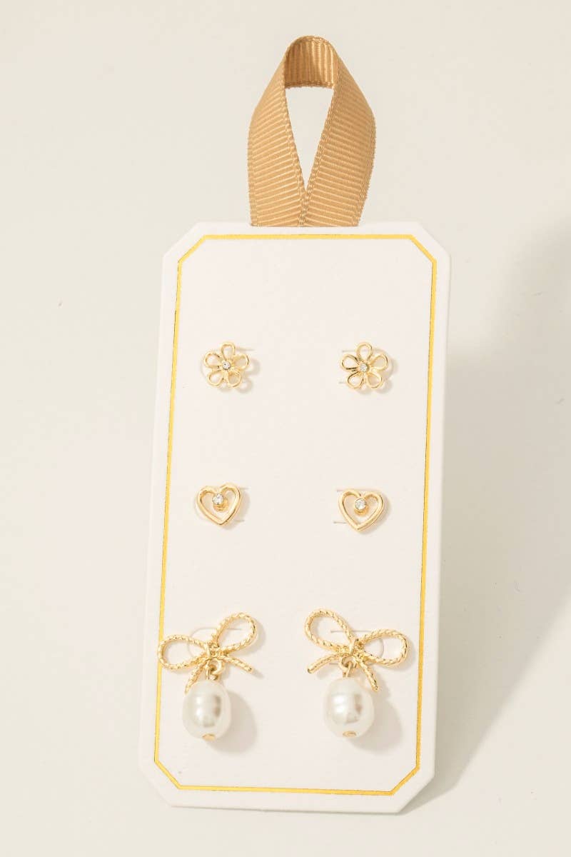 Pearl Charm Bow Heart And Flower Stud Earrings Set