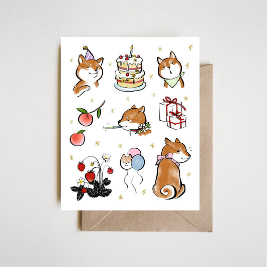 Birthday Vibes Only Greeting card | Happy Shiba hand paint