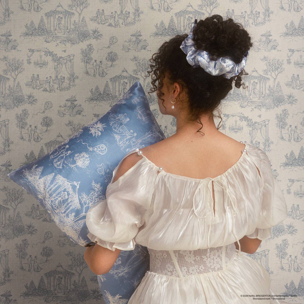 Bridgerton x Kitsch Satin Pillow Scrunchies in Toile in Bloom
