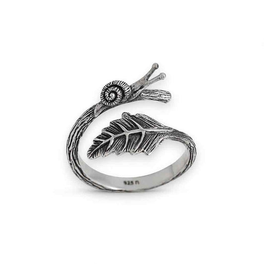 Sterling Silver or Bronze Adjustable Snail and Leaf Ring
