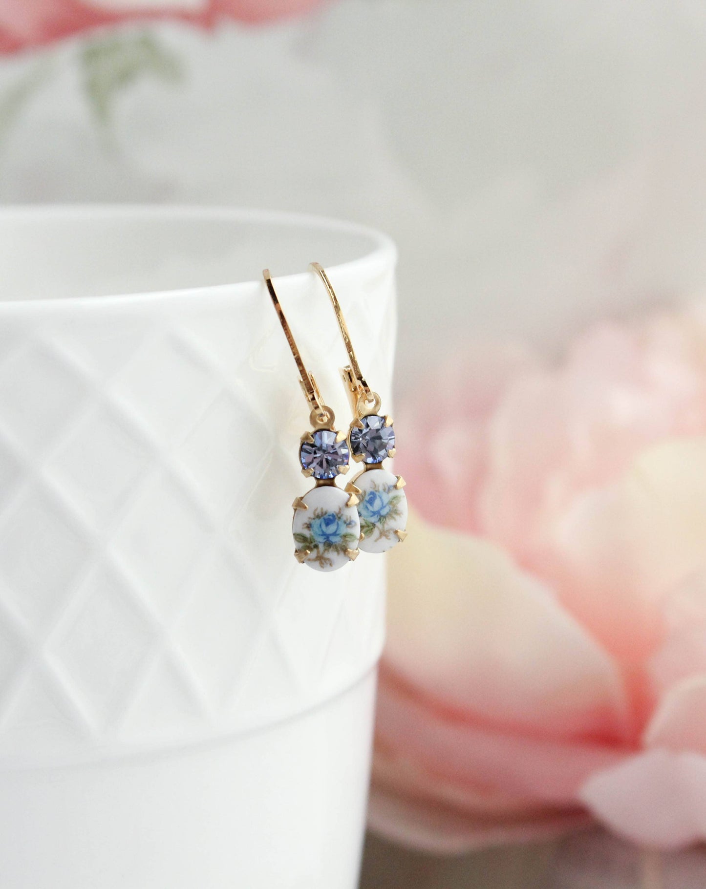 Little Blue Rose Cameo Earrings - Vintage Glass