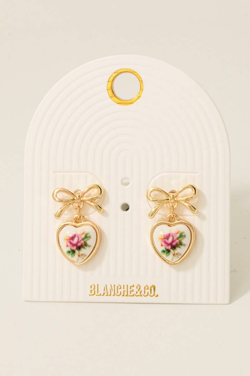 Flower Heart Drop Ribbon Bow Stud Earrings