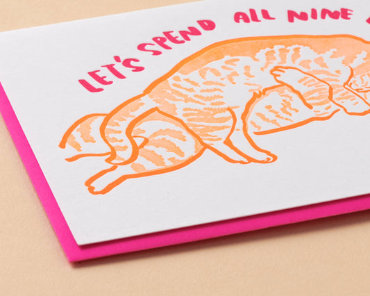 Nine Lives Cat Love Letterpress Greeting Card- Made in USA
