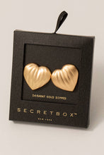 Load image into Gallery viewer, Secret Box Brushed Gold Dipped Heart Shield Stud Earrings
