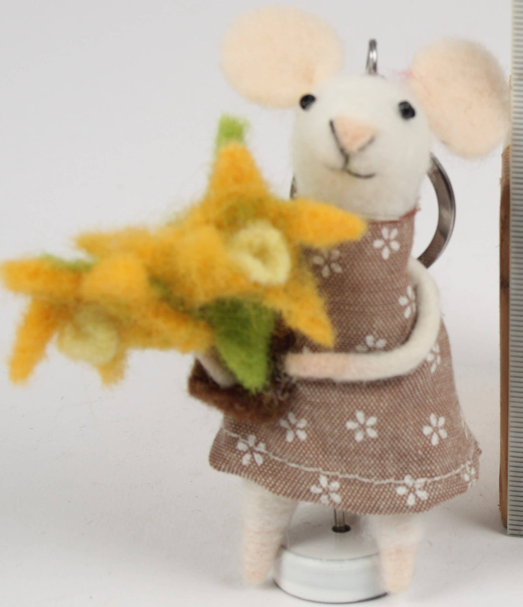 Felt Mouse Keyring With Yellow Flowers