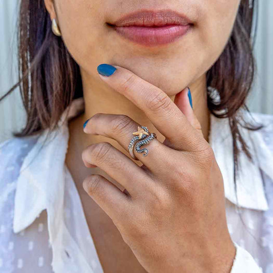 Sterling Silver Adjustable Octopus Ring with Bronze Starfish