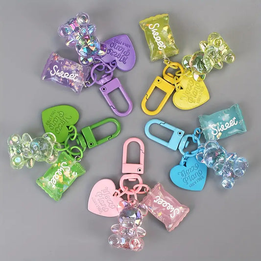 Acrylic Bear and Heart-Shaped Keychain Set with Ring Buckle