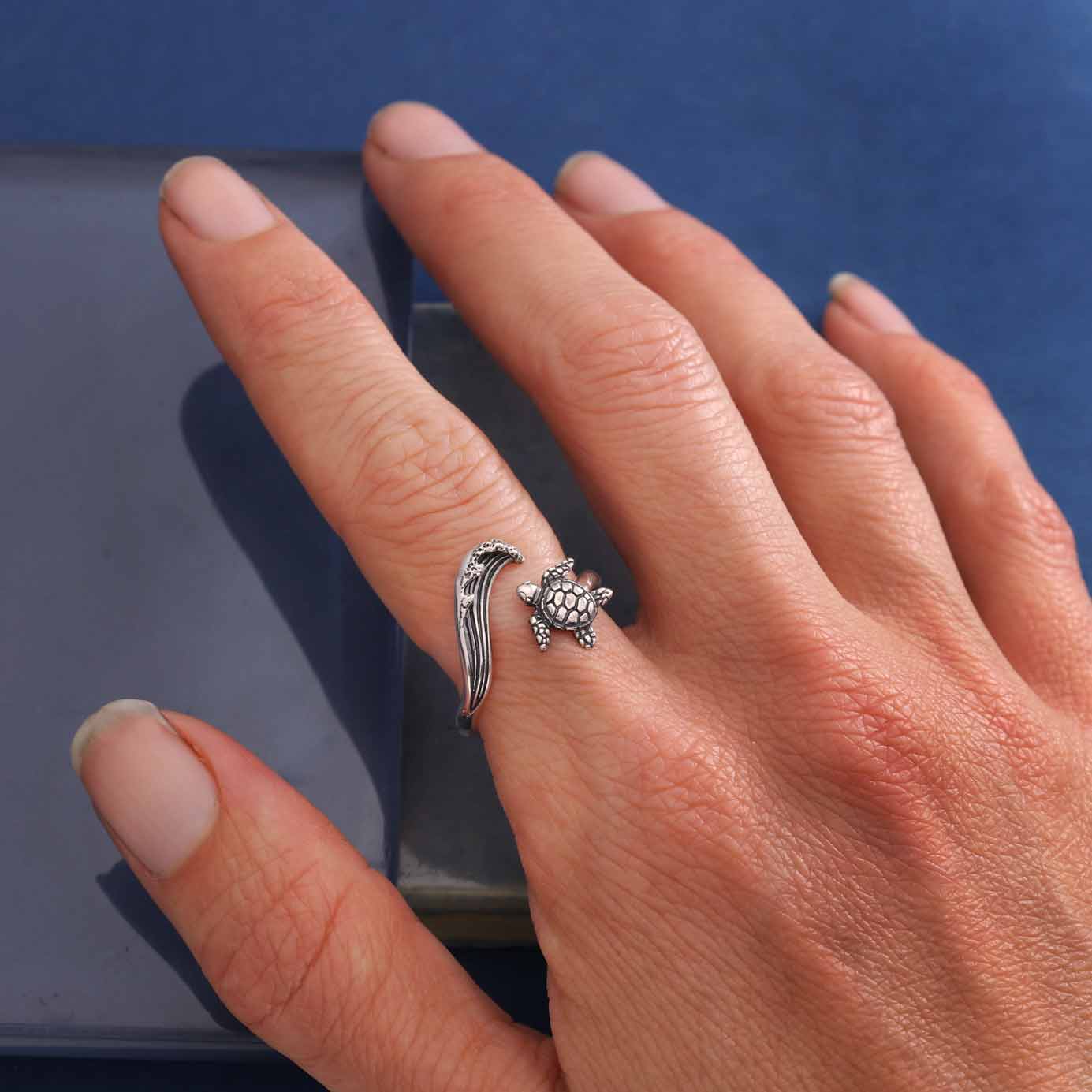 Sterling Silver or Bronze Sea Turtle & Wave Adjustable Ring