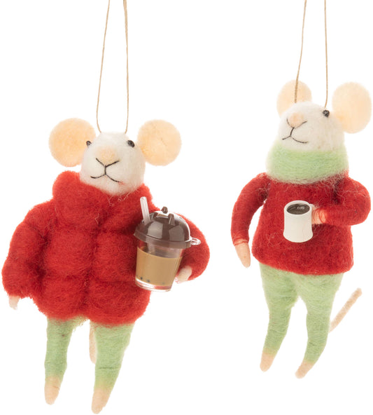 Felt Mouse Ornament:  grn,red winter gear,coffee,4.5in