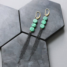 Load image into Gallery viewer, JLTE75 synthetic malachite shoulder duster earrings
