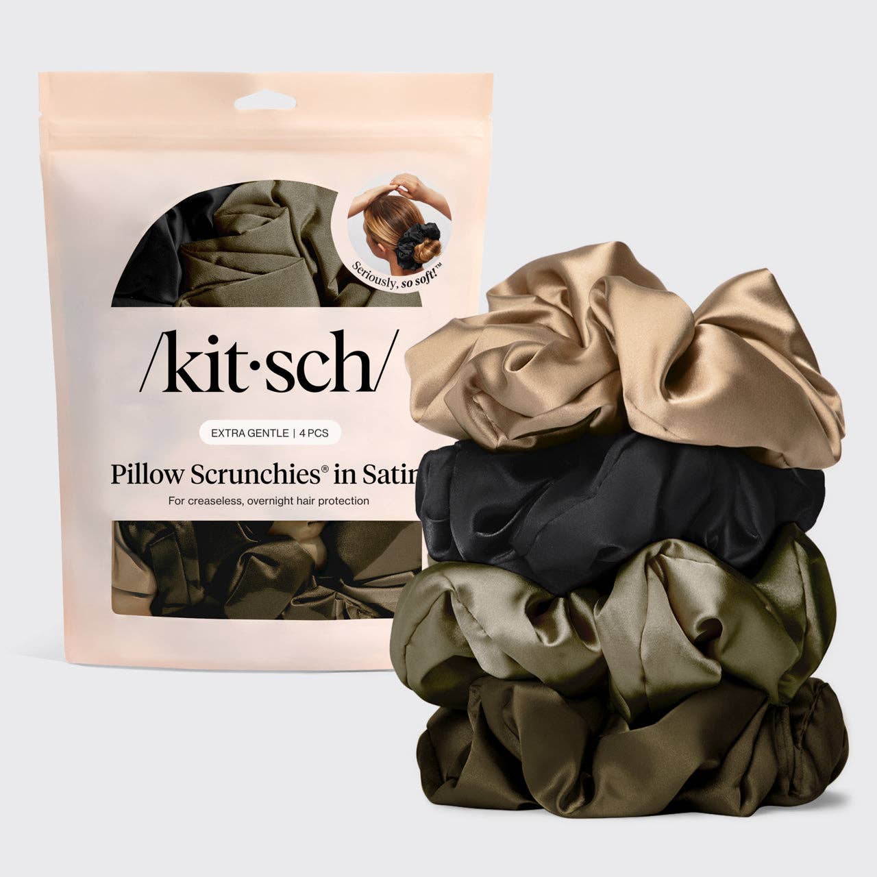 Pillow Scrunchies in Satin 4pc - Black