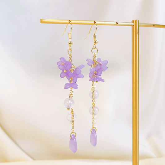 E195 purple lily flower long dangle beads earrings