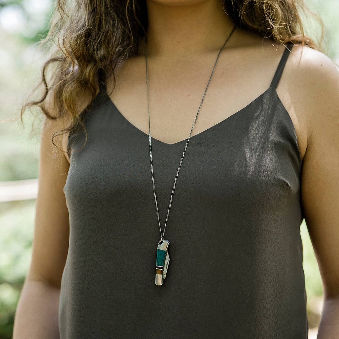 Turquoise and Wood Knife Necklace: 32 Inch