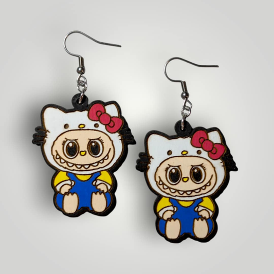 Kitty Labubu Hand Painted Wood Dangle Earrings