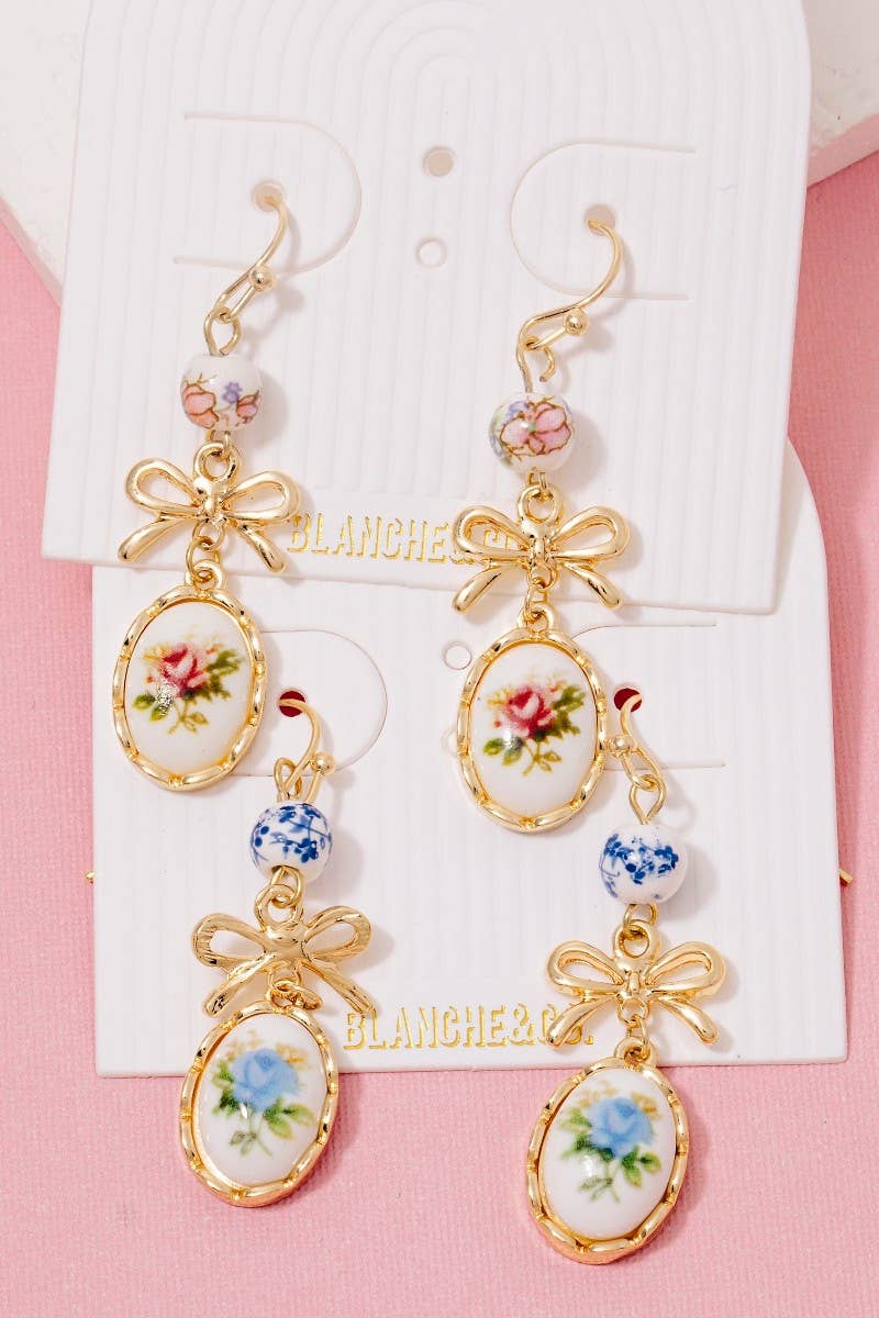 Bow And Floral Ceramic Charms Dangle Earrings