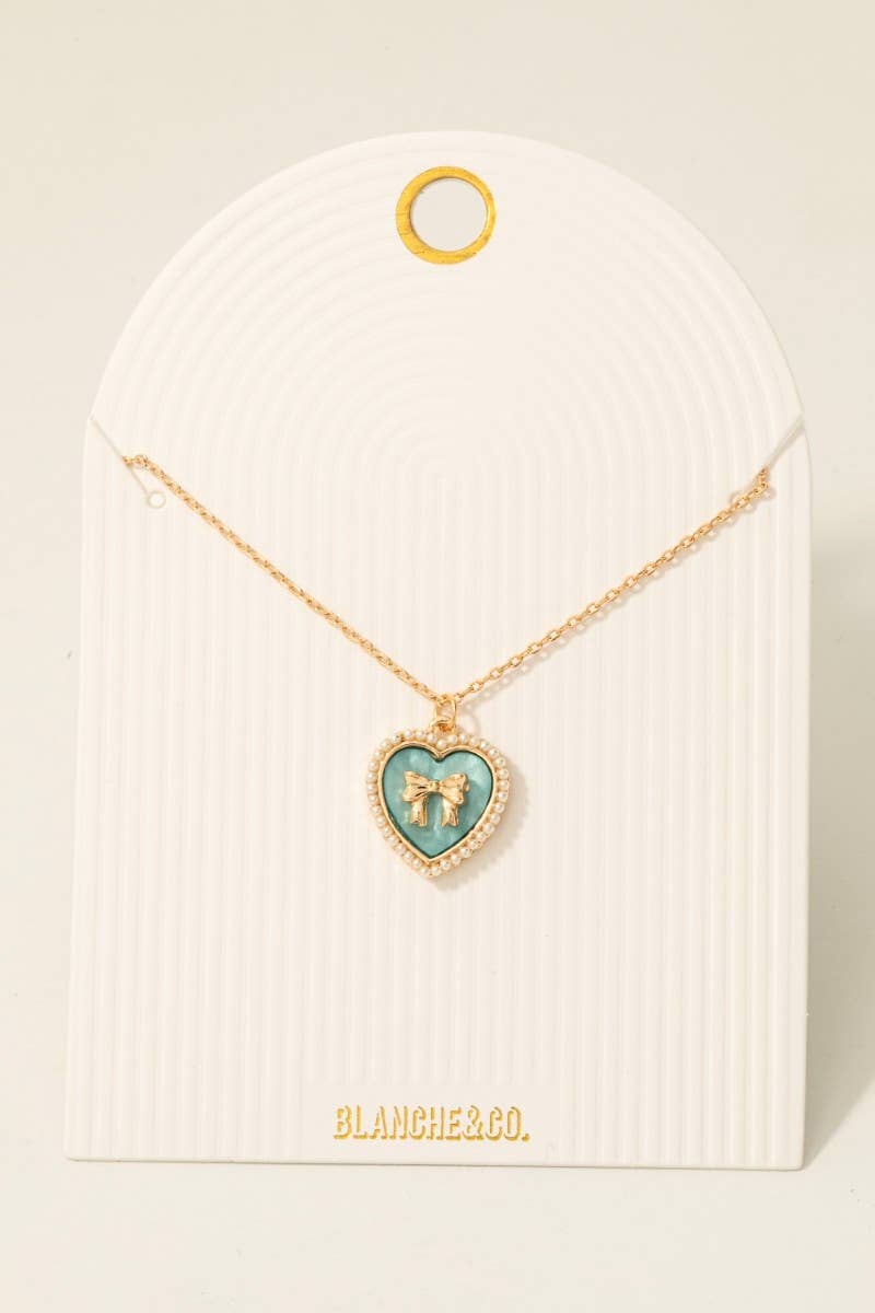Pearl Set Heart Ribbon Bow Pendant Necklace