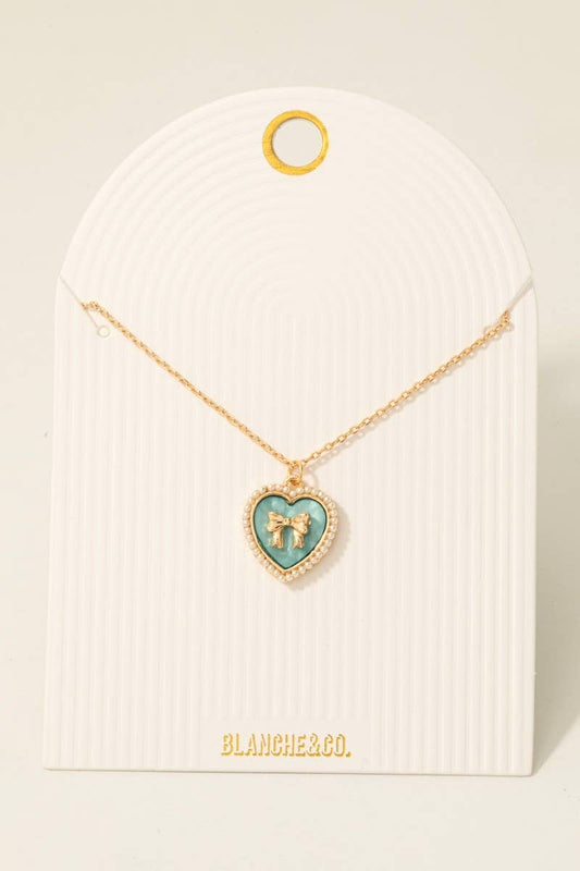 Pearl Set Heart Ribbon Bow Pendant Necklace
