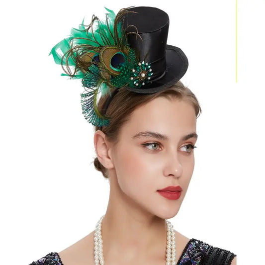 Mini Black Top Hat with Peacock Feathers