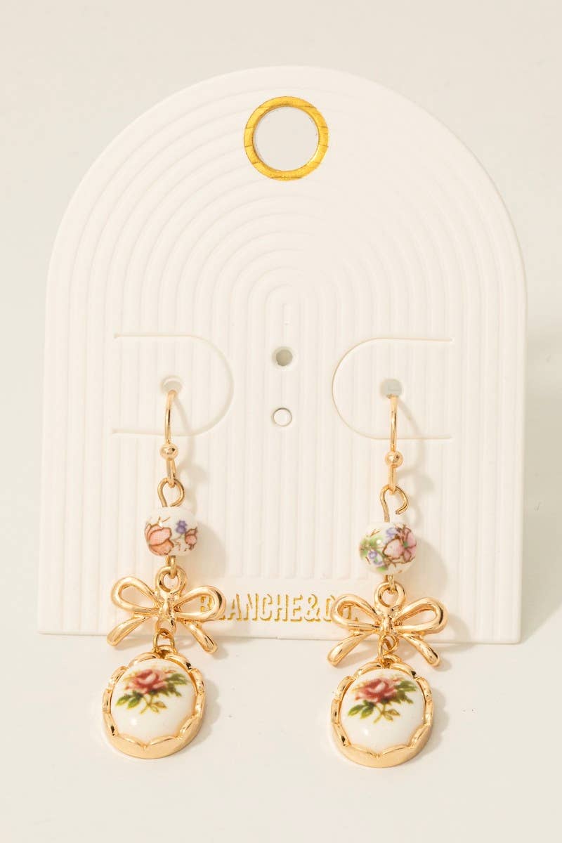 Bow And Floral Ceramic Charms Dangle Earrings