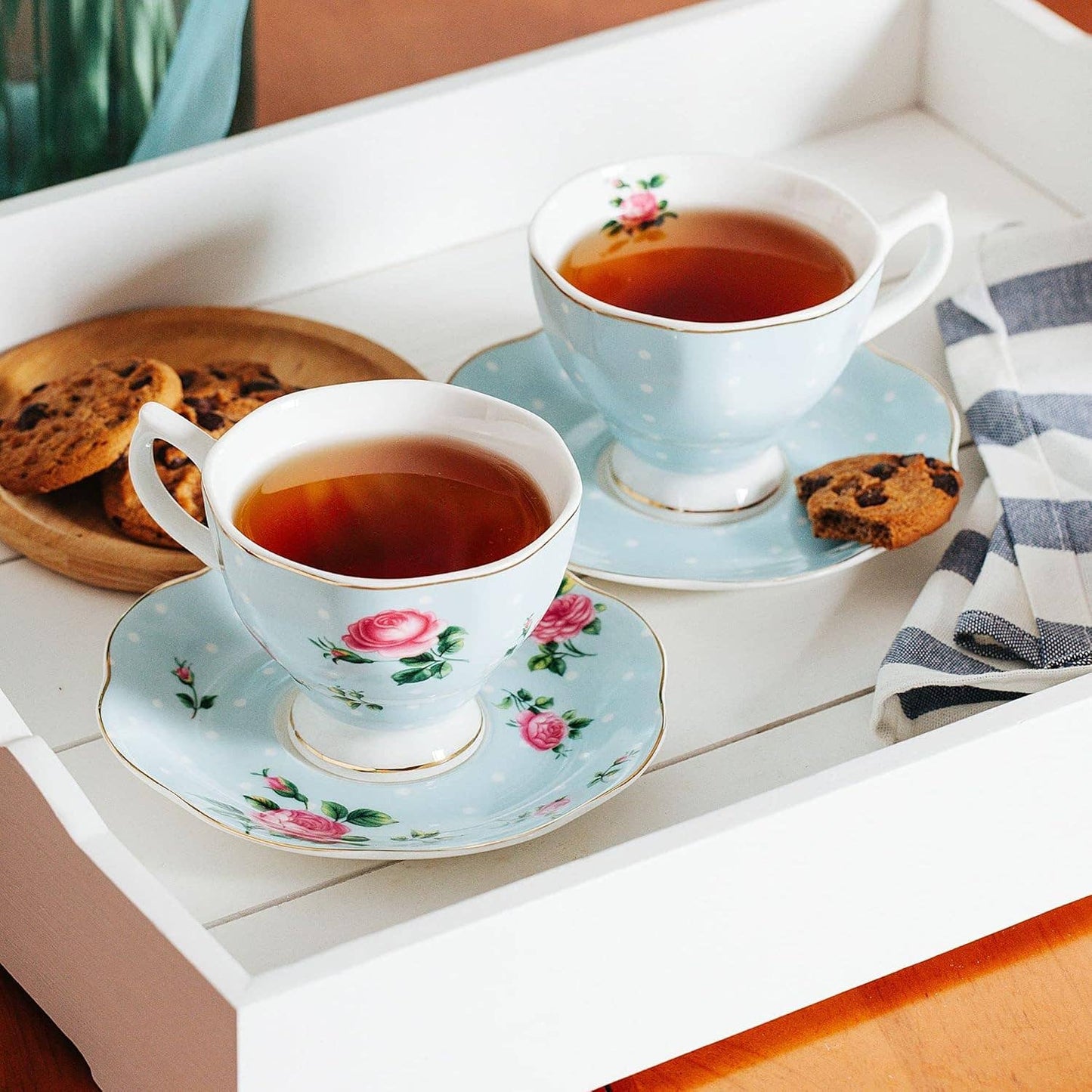 Floral Tea Cups & Saucers with Gold Trim