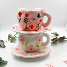 Load image into Gallery viewer, Pink flower ceramic mug and saucer, Folk hand painted mug
