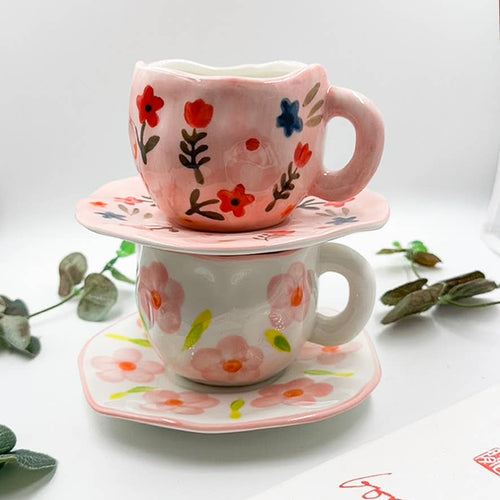 Pink flower ceramic mug and saucer, Folk hand painted mug - Front & Company: Gift Store