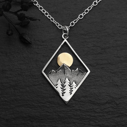 Sterling Silver Mountain Necklace with Bronze Sun