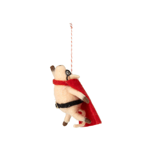 Felt flying pig super hero ornament