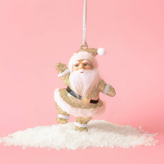 Retro Glitter Dancing Santa Ornament | Gold Sparkle