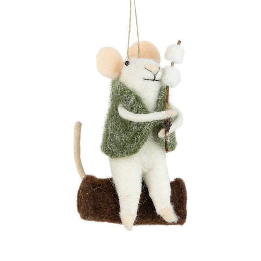 Felt Mouse Ornament:   Felt mouse with green vest roasting marshmallows