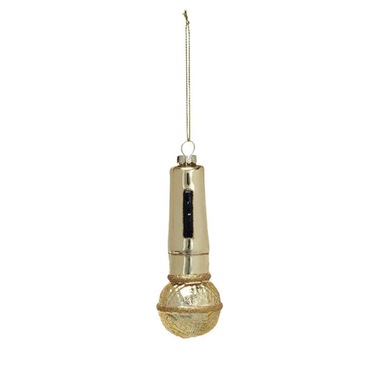 Glass Microphone Ornament w/ Glitter, Gold Finish