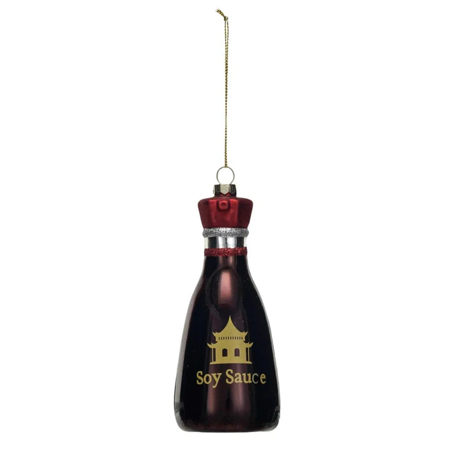 5-3/4"H Hand-Painted Glass "Soy Sauce" Bottle Ornament W/ Glitter, Multi Color