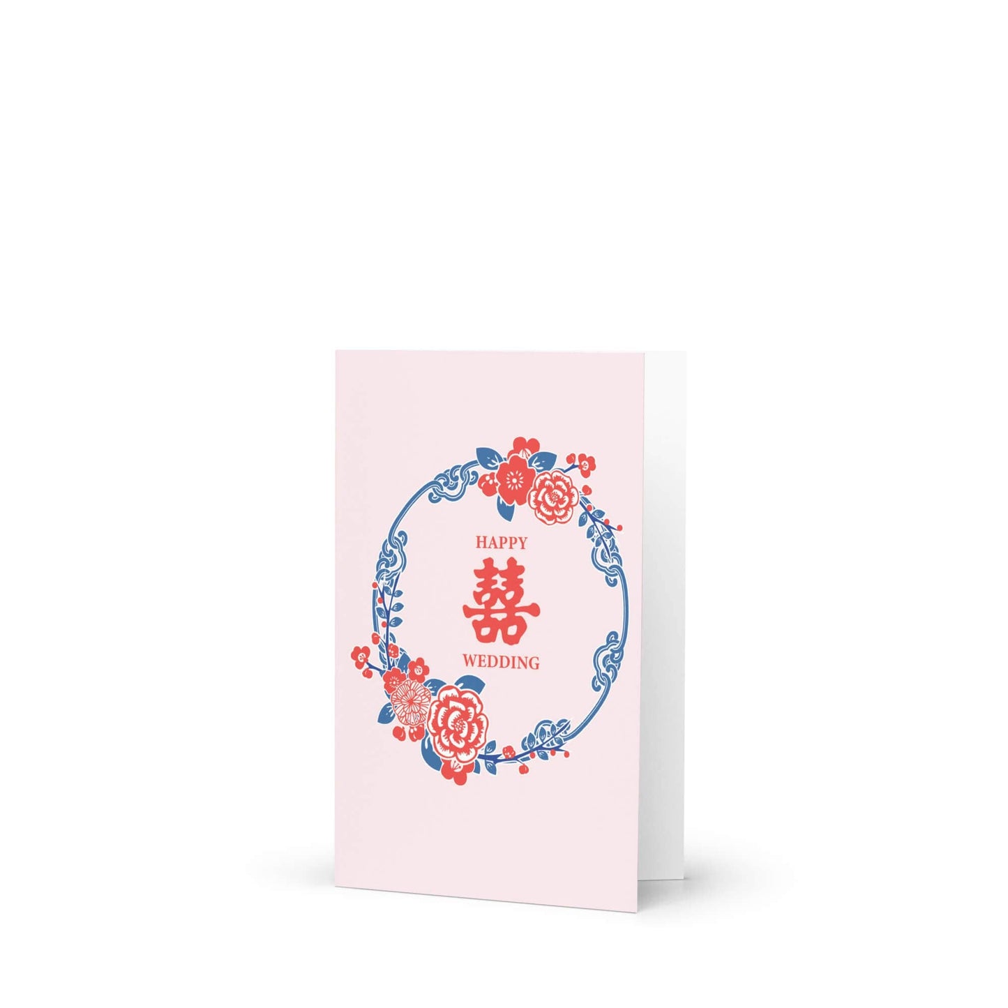 Pink Double Happiness Asian Wedding Cards | Wreath Greeting Newlyweds