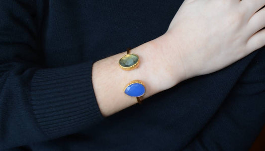 Labradorite and blue chalcedony cuff bracelet