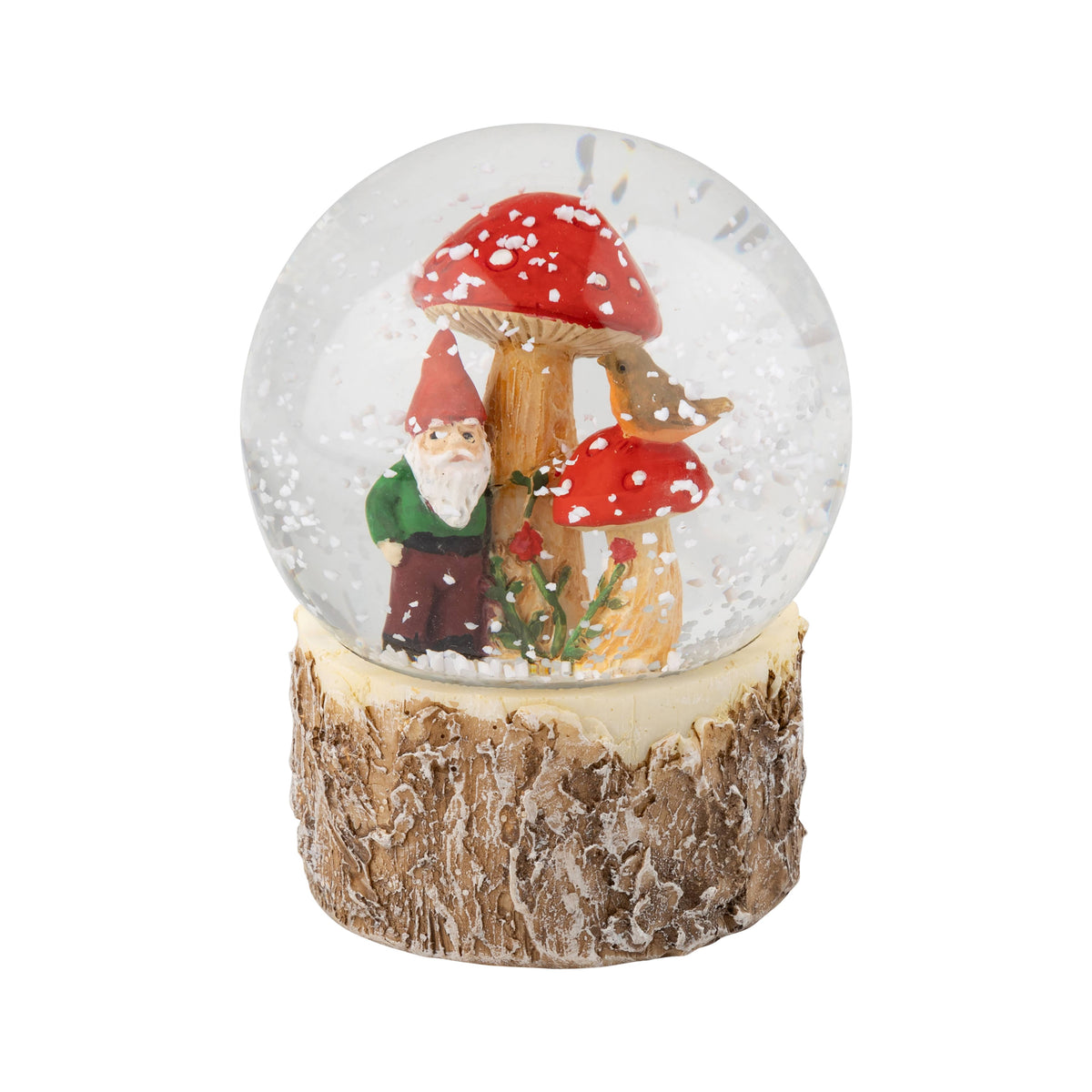 A73440:Resin snow globe, elf, woodland base, 3.3 in