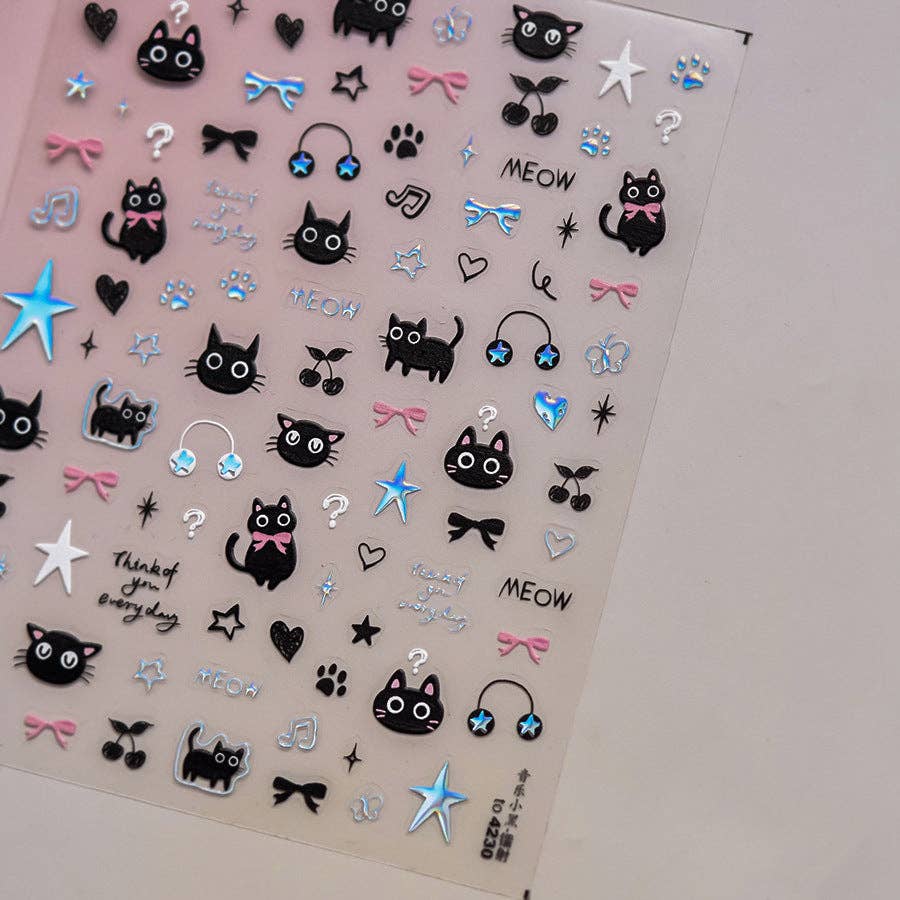 Black Silver Kitty Nail Deco Sticker