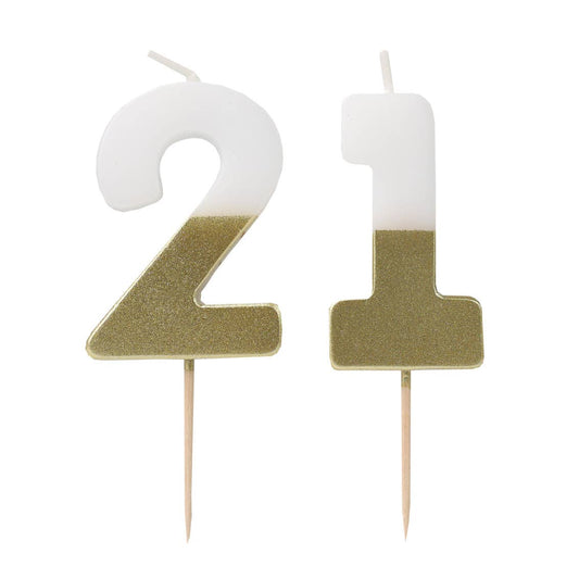 White & Gold Number Candle - 21 | Milestone Birthday |