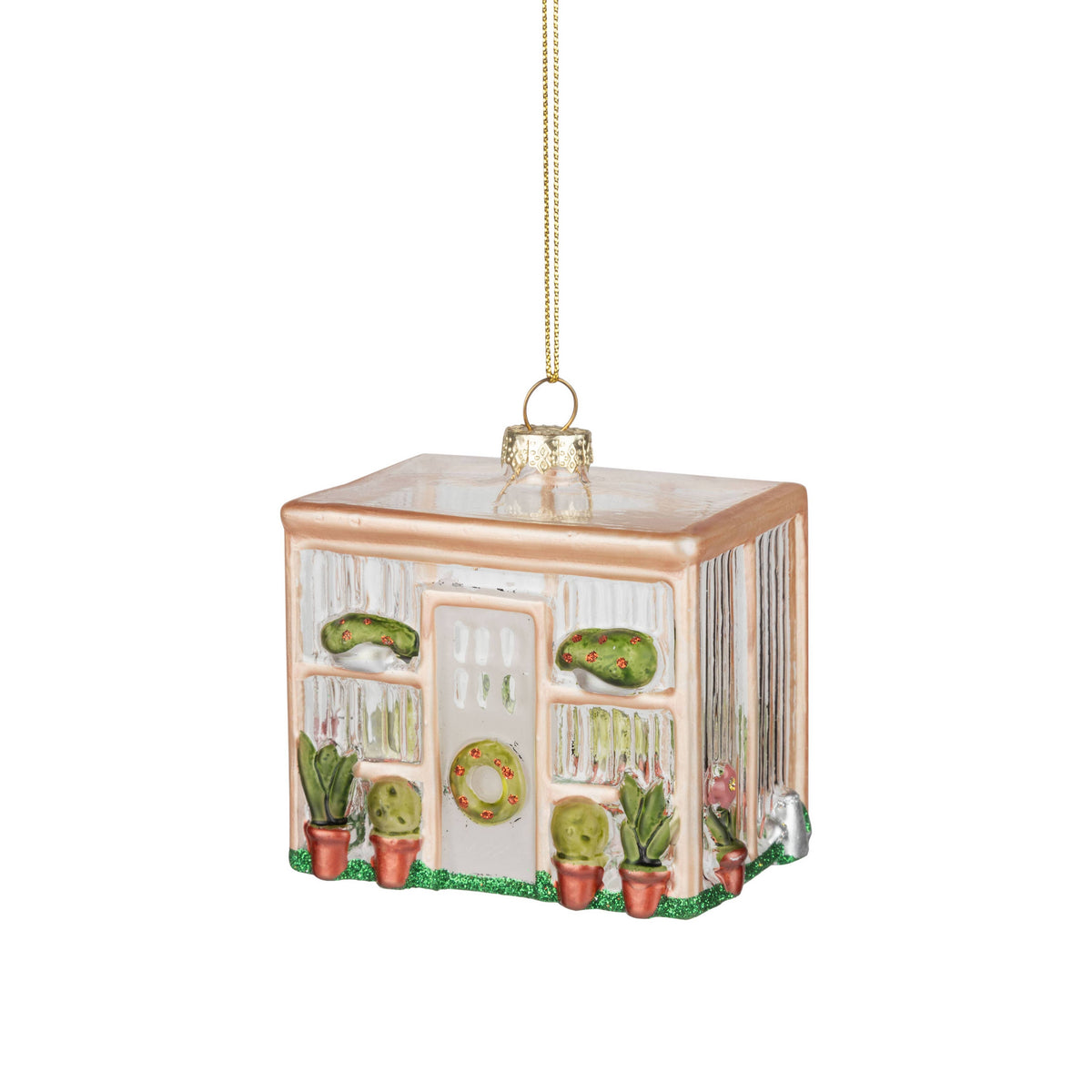 A17633:Glass green house ornament, 3 in