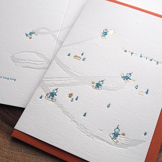 Letterpress christmas card : little elf snowboard
