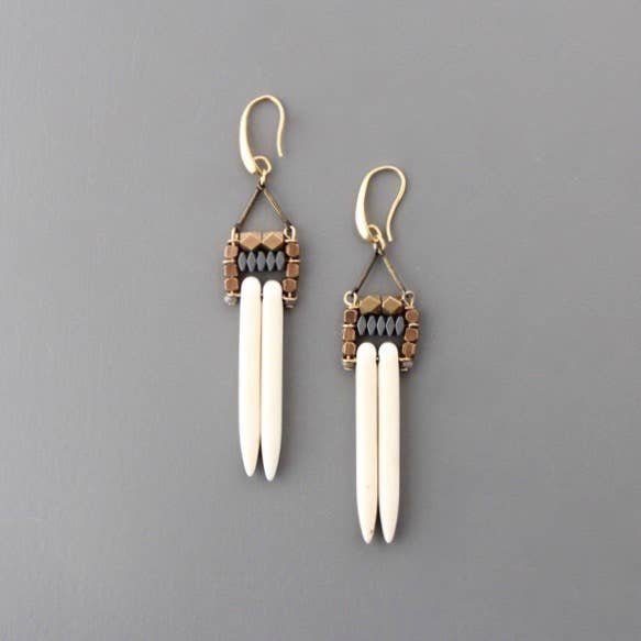 KMLE35 Geometric white spike and hematite earrings