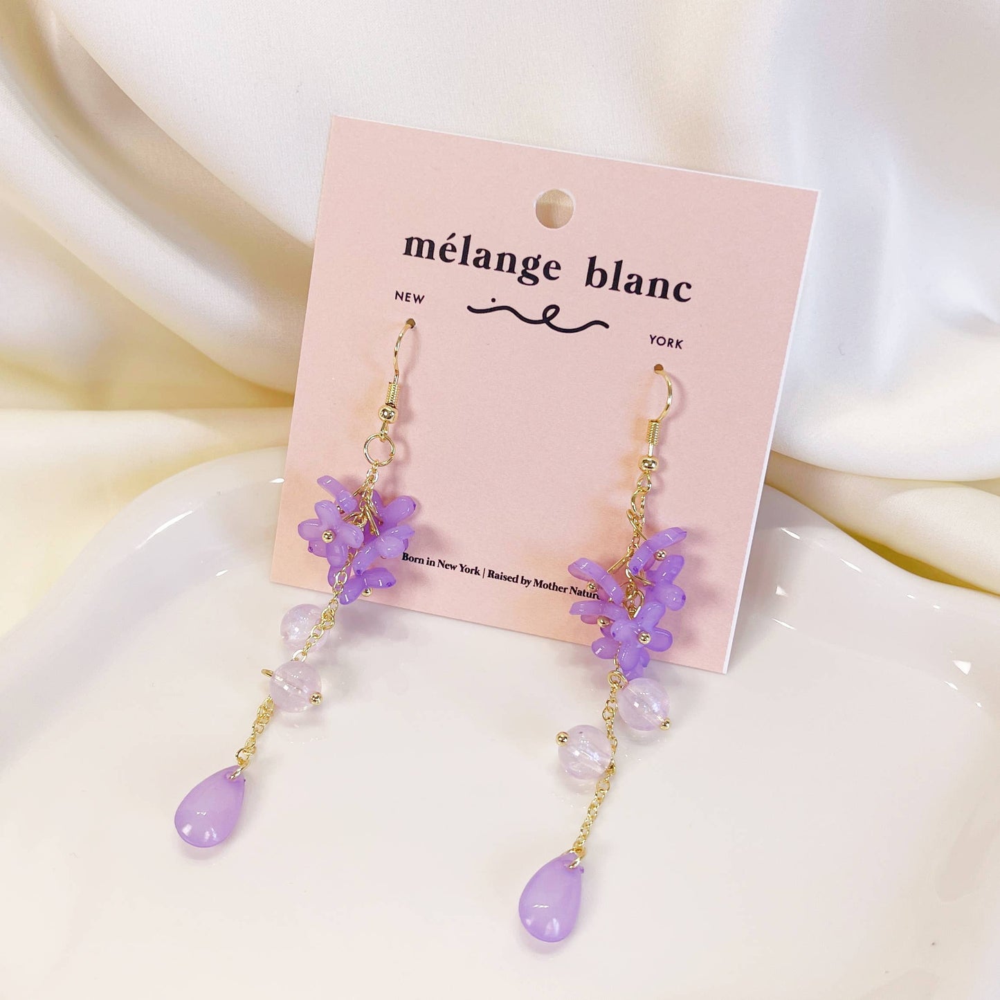 E195 purple lily flower long dangle beads earrings