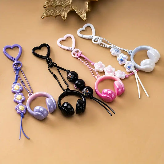 3D Headphone Keychain with Floral Heart Charm