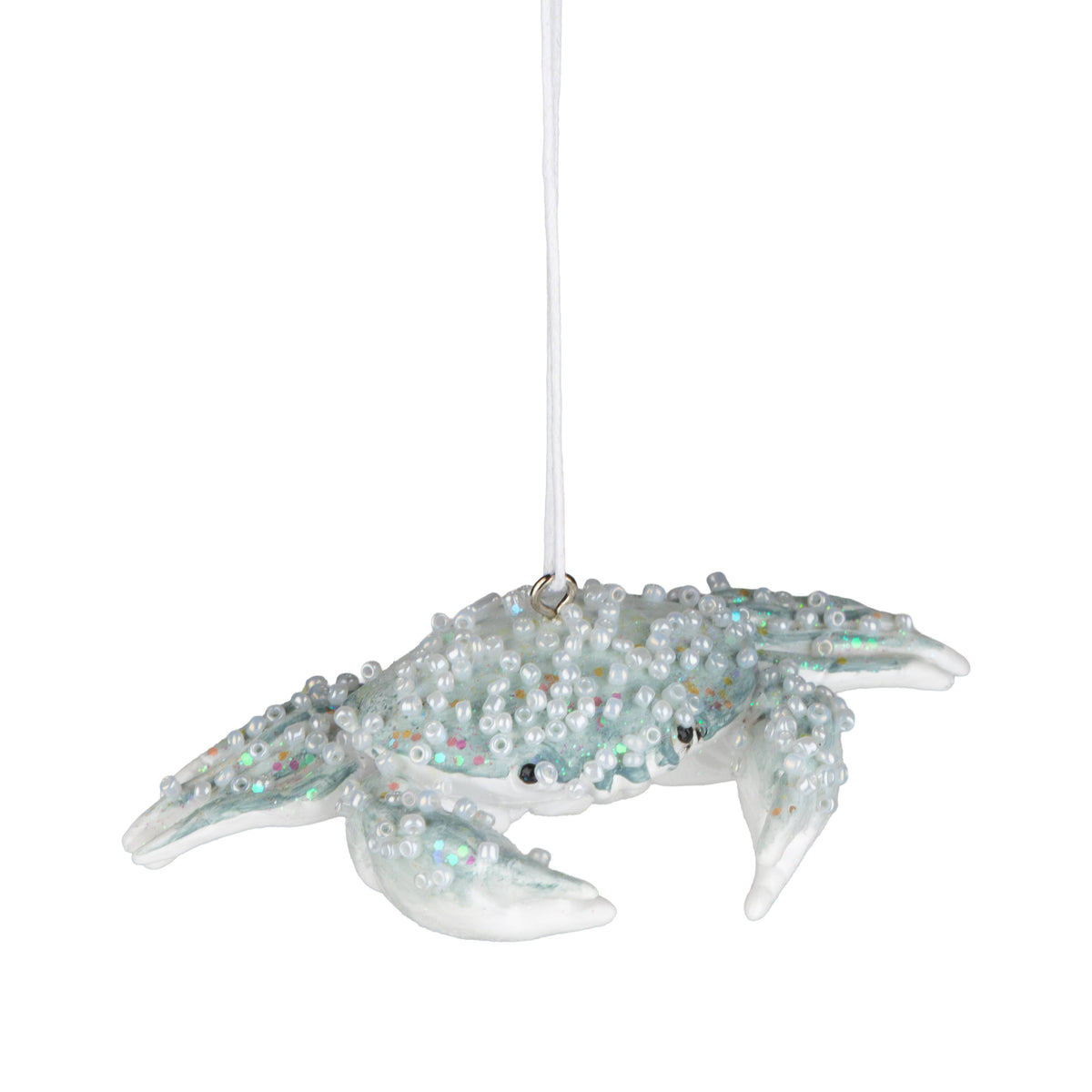 A25070:Painted white crab orn,pale blue/beads, 3.5 in