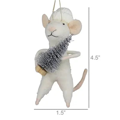 Felt Mouse Ornament - White Mouse with Silver Tree Ornament